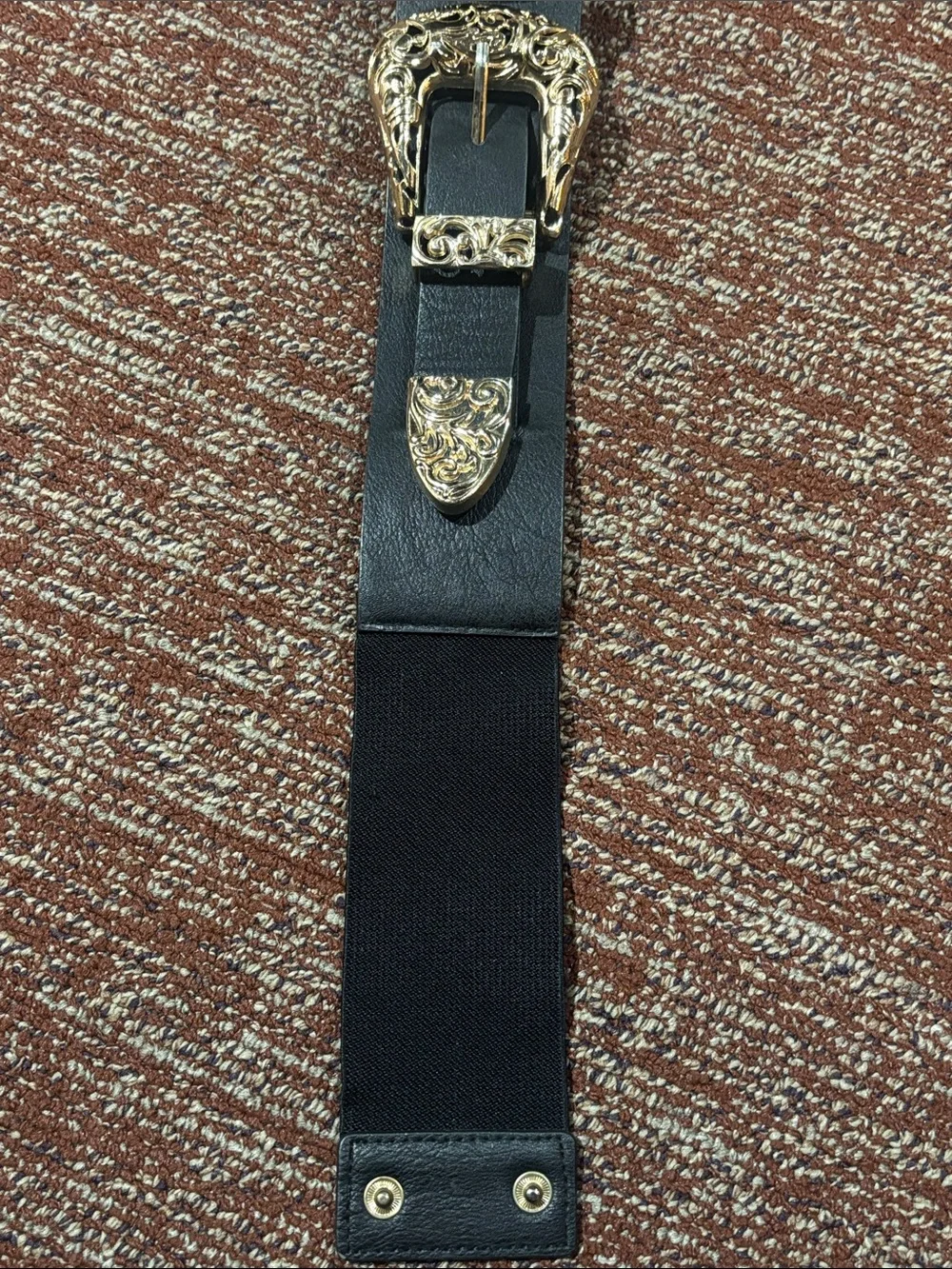 Double western buckle Black Elastic Belt Gold tone Buckle stretch maximalist Med